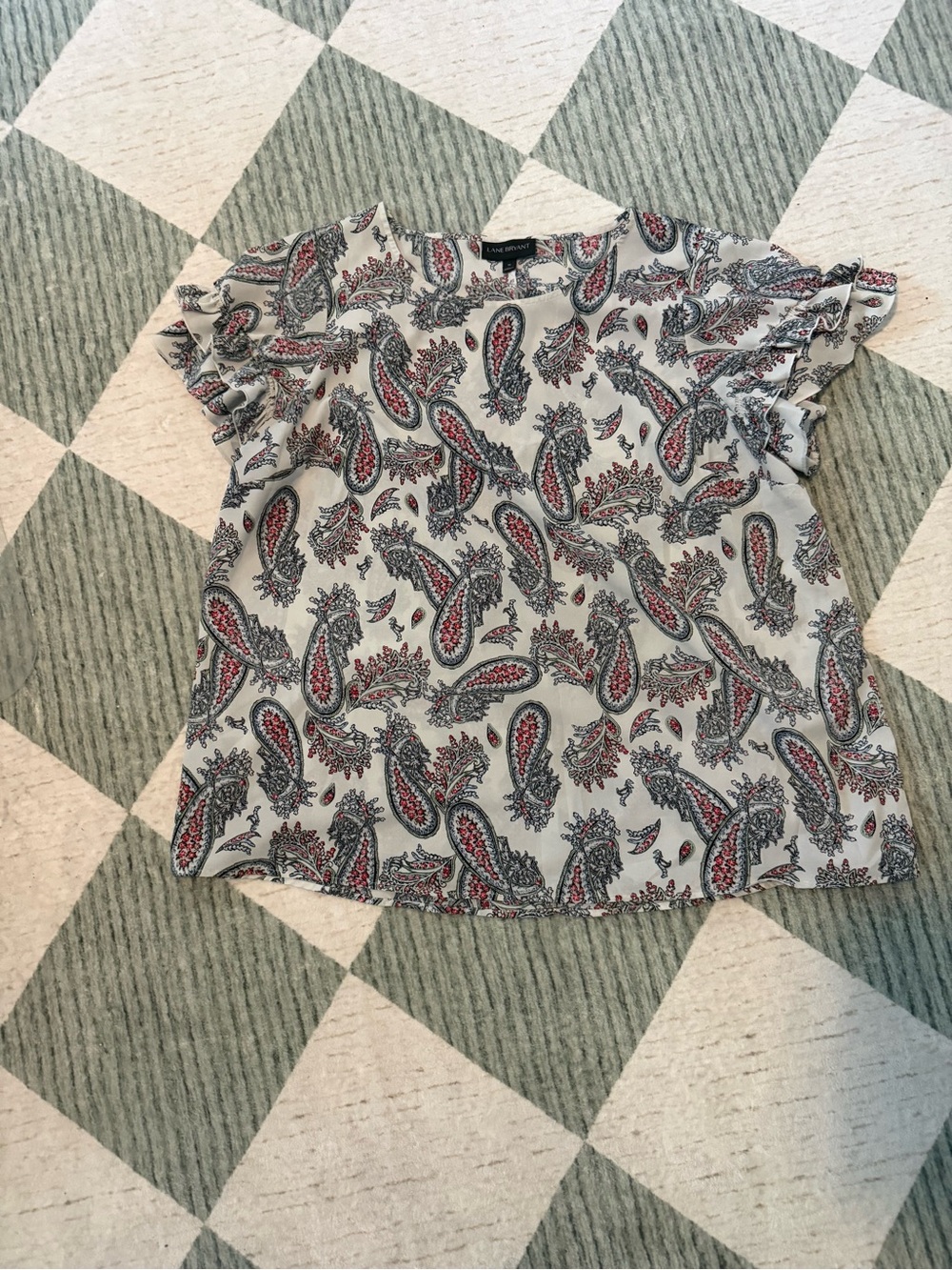 Lane Bryant Women’s Size 18 Paisley Ruffle Sleeve Blouse Ivory Blue Red